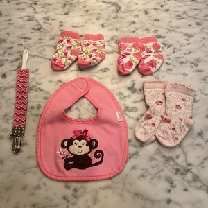 Bundle of Baby 1st Year Items - Barely Used - Pacifier Clip, 3 Pairs Socks, Bib